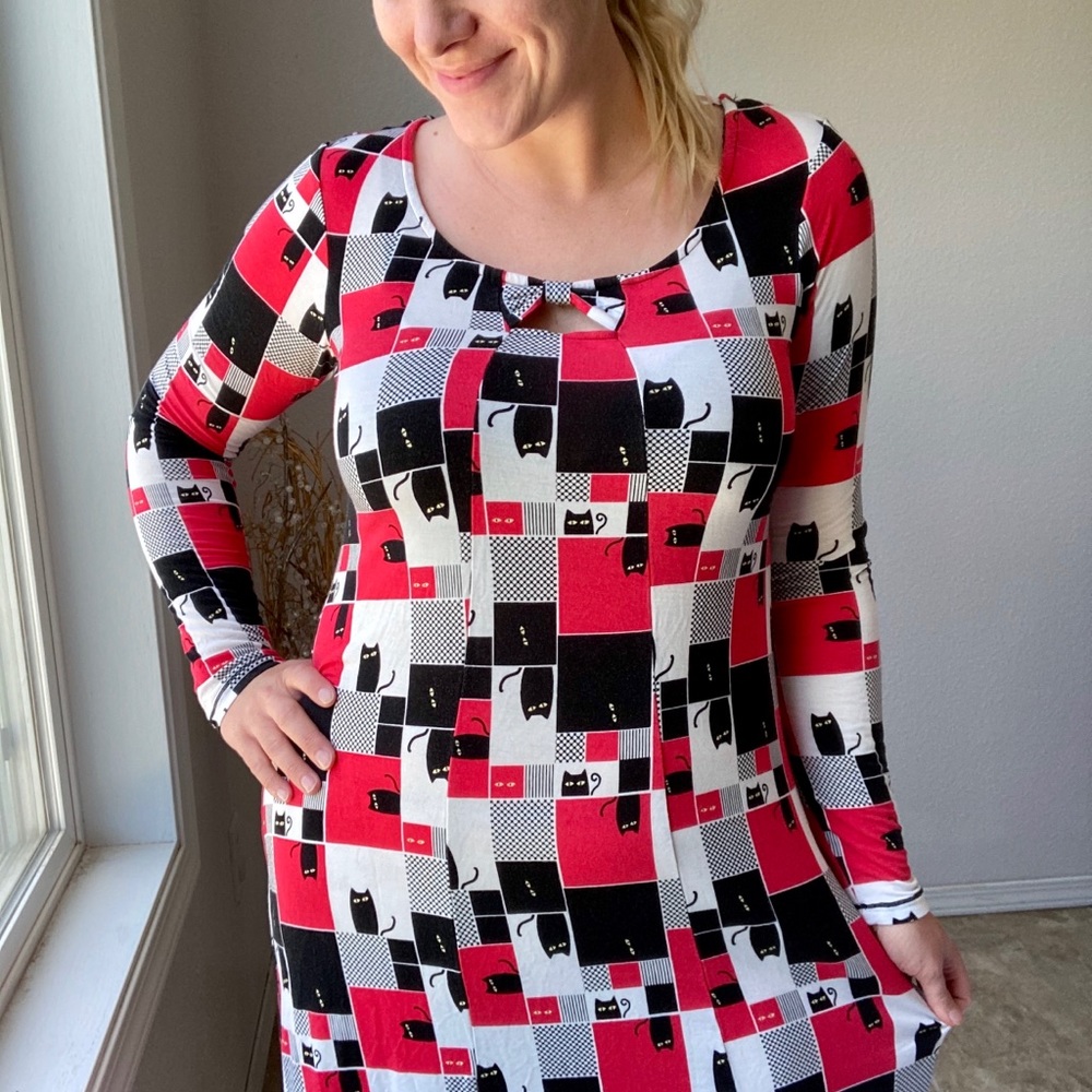 Leona Edmiston Cat Lady Red Black Dress Long Sleeve Quirky Unique Medium